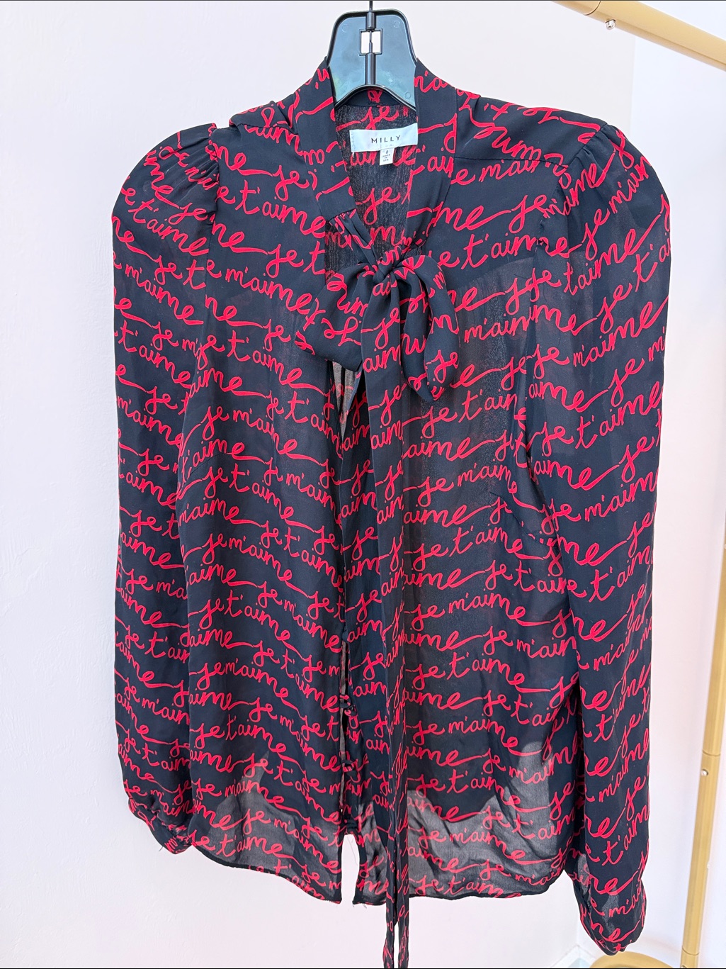Milly Black Blouse With Red Script Tie-Neck